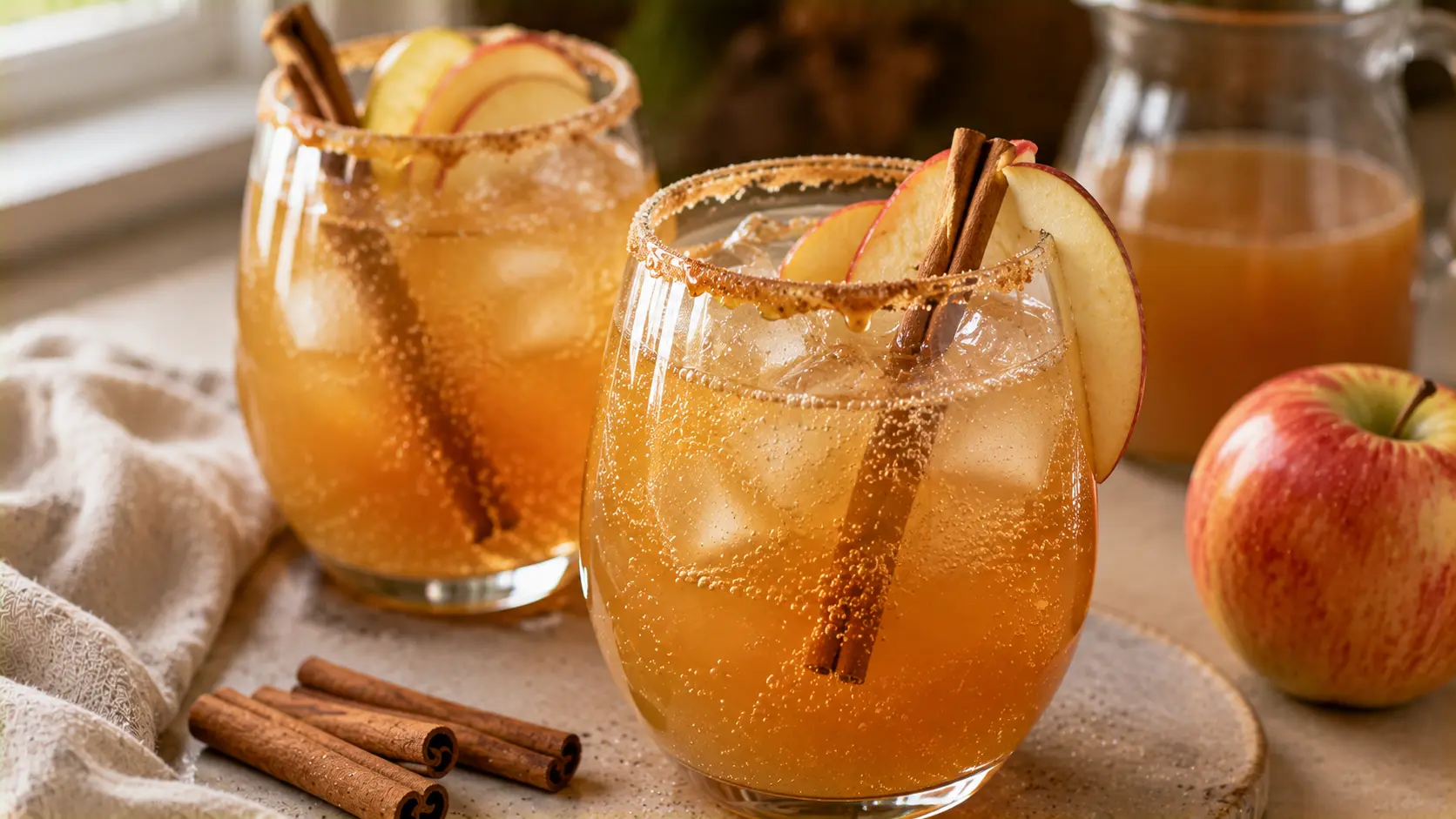 Sparkling caramel apple cider mocktail with cinnamon-sugar rim, fresh apple slices and ice.