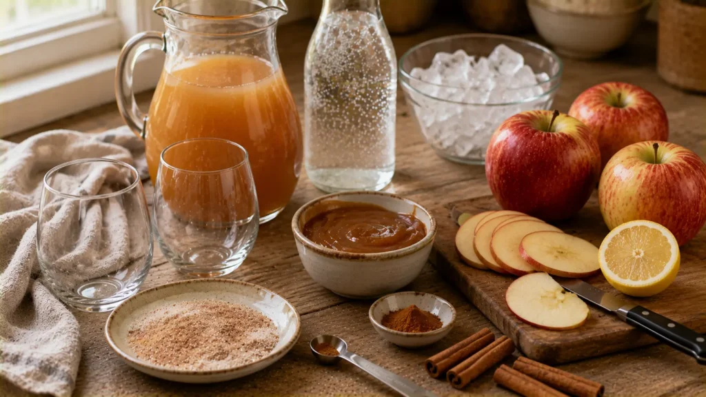 Ingredients for caramel apple cider mocktail including apple cider, sparkling water, caramel, apples, cinnamon and lemon.