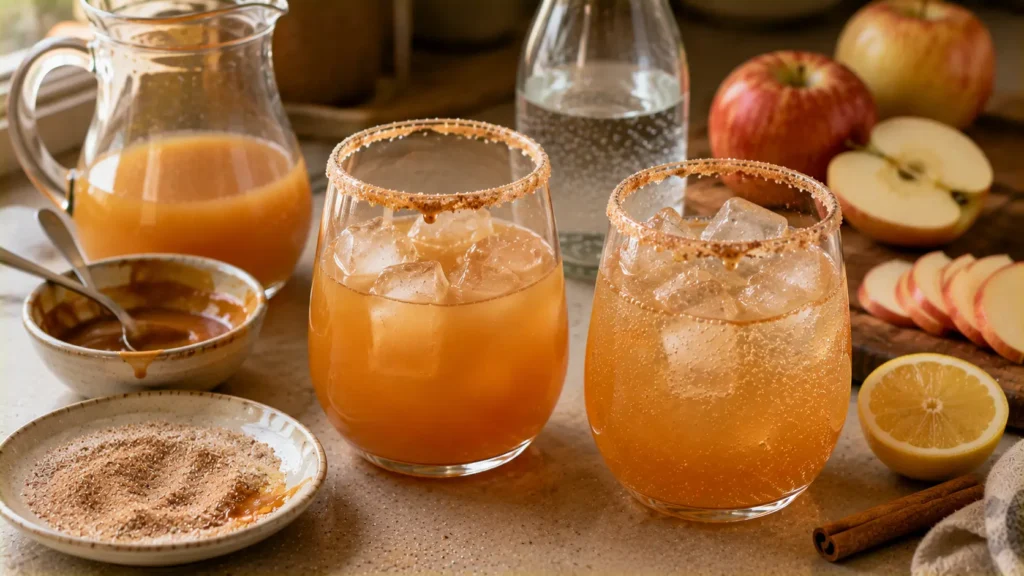 Apple cider, caramel and sparkling water being assembled into a cinnamon-rimmed fall mocktail.