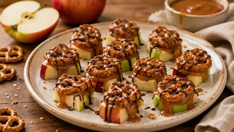 Caramel apple pretzel bites with crisp apple, chewy caramel, crunchy pretzels and chocolate drizzle.