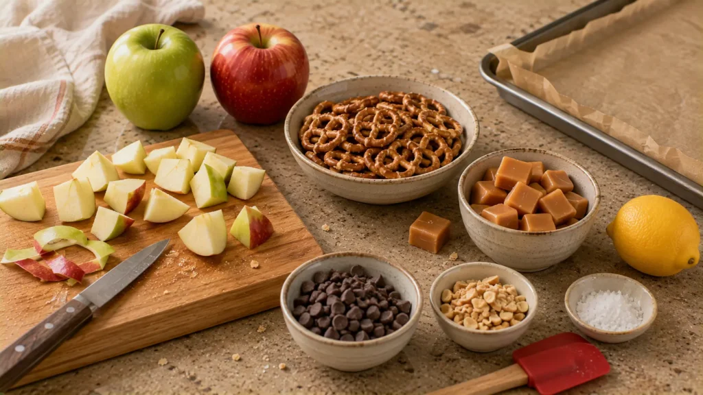 Ingredients for caramel apple pretzel bites including apples, pretzels, caramel and chocolate.