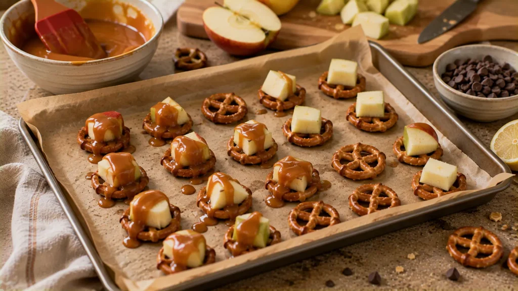 Apple pieces and caramel being layered on mini pretzels before adding chocolate drizzle.