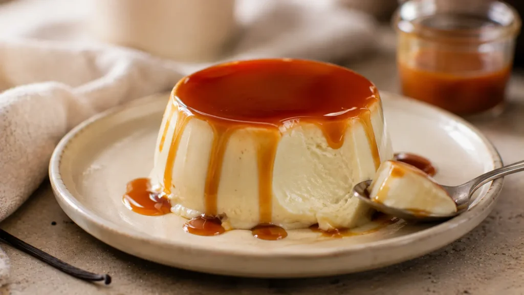 Silky caramel panna cotta topped with rich homemade caramel sauce on a ceramic dessert plate.