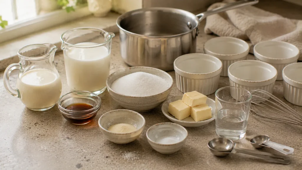 Ingredients for caramel panna cotta including heavy cream, milk, sugar, butter, vanilla and gelatin.