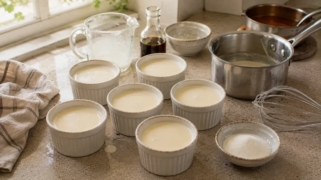 Homemade panna cotta mixture poured into individual ramekins before chilling.