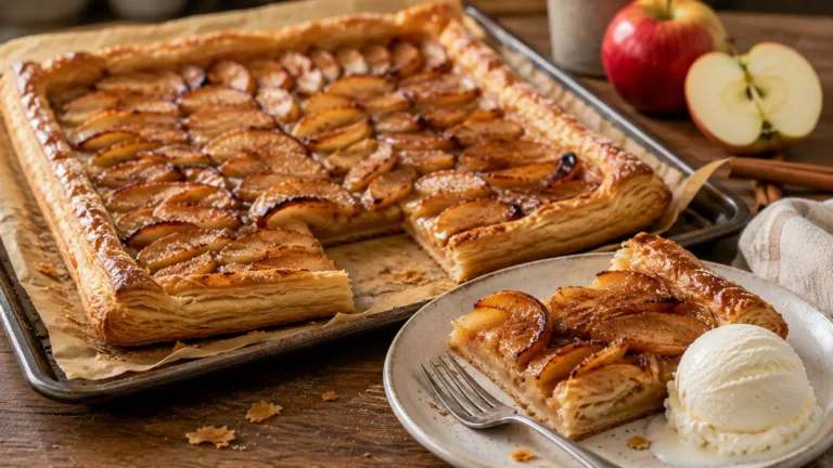 Caramelized apple and cinnamon puff pastry tart with flaky golden pastry and tender brown sugar apples.
