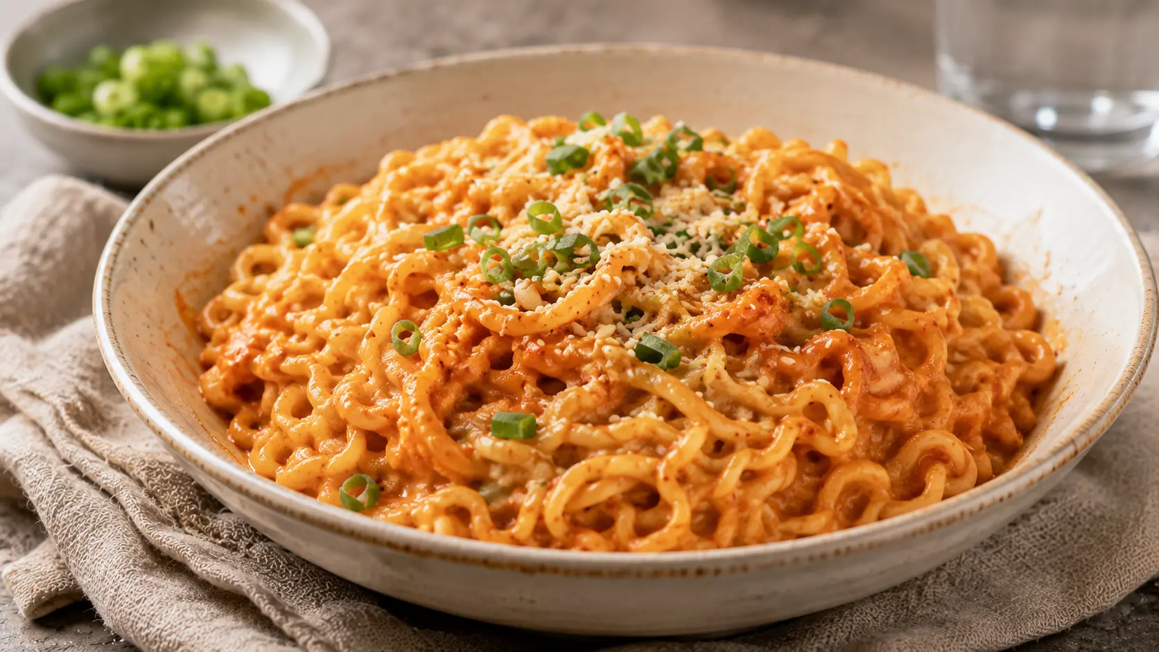 Creamy Carbonara Buldak Ramen with spicy cheesy sauce, green onions and sesame seeds.