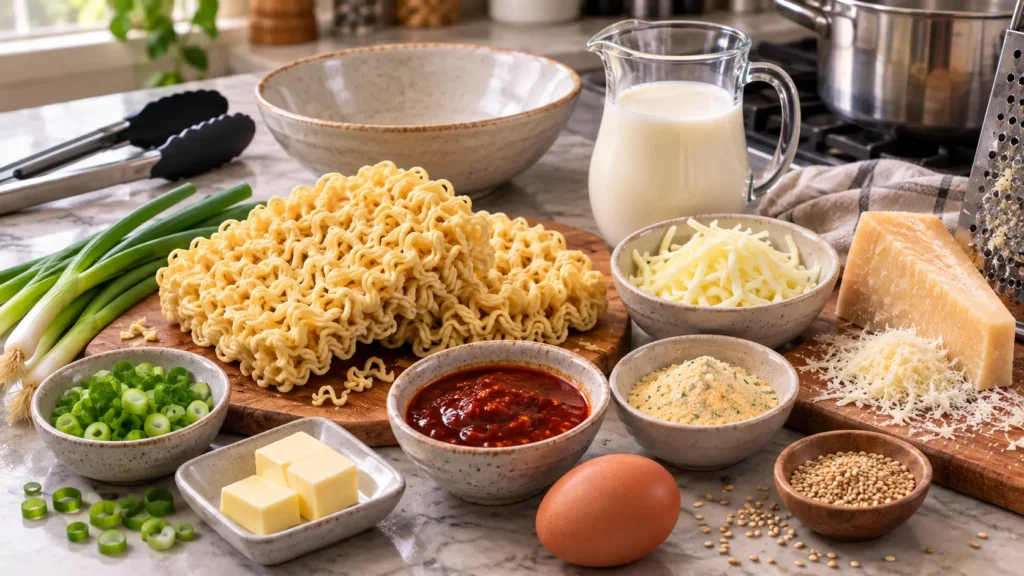 Creamy Carbonara Buldak Ramen with spicy cheesy sauce, green onions and sesame seeds.