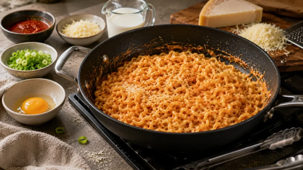 Cooked Buldak ramen noodles being mixed with creamy spicy carbonara sauce, milk and cheese.