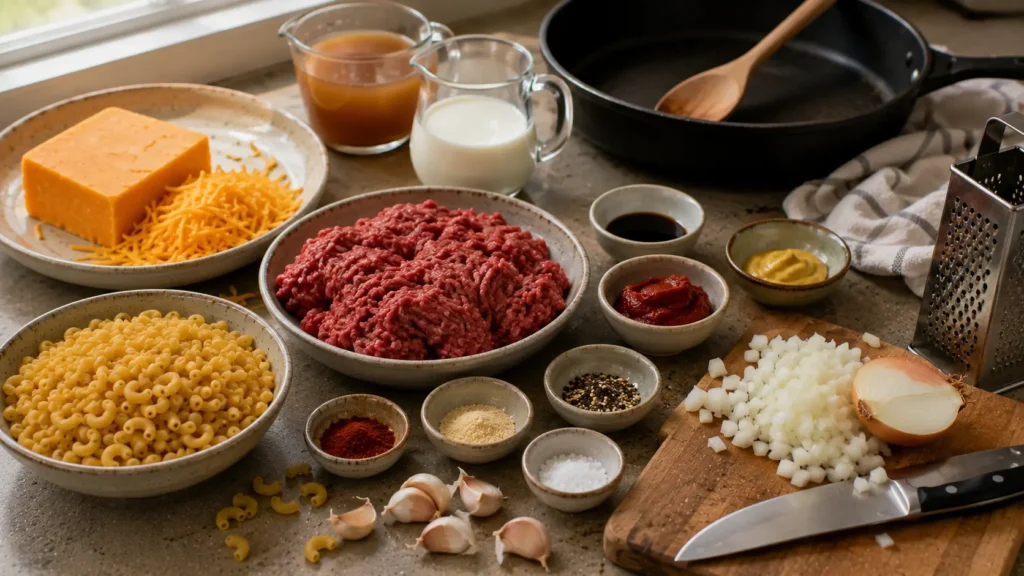 Ingredients for homemade cheeseburger Hamburger Helper including ground beef, macaroni, cheddar cheese, milk and onion.