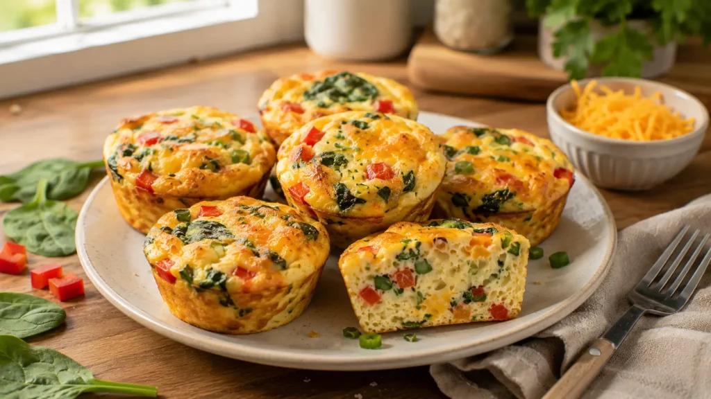 Cheesy egg muffins with cheddar, spinach, red bell pepper and green onions.