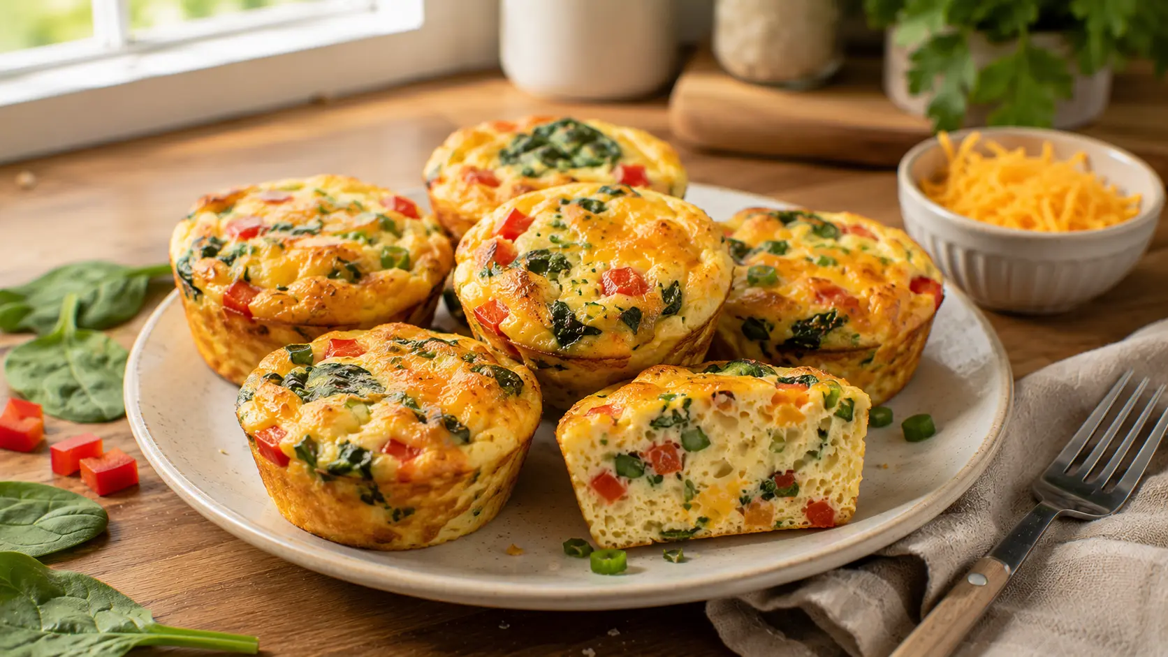 Cheesy egg muffins with cheddar, spinach, red bell pepper and green onions.