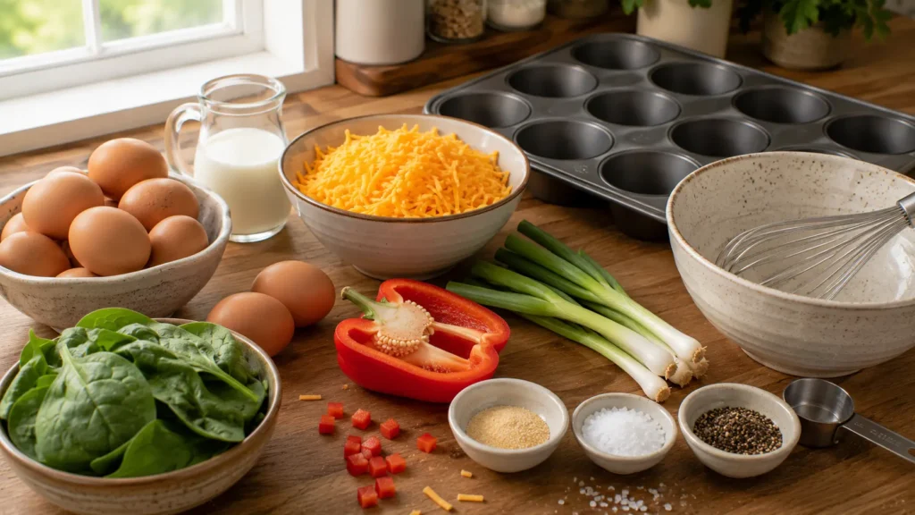 Ingredients for cheesy egg muffins including eggs, cheddar cheese, spinach, bell pepper and green onions.