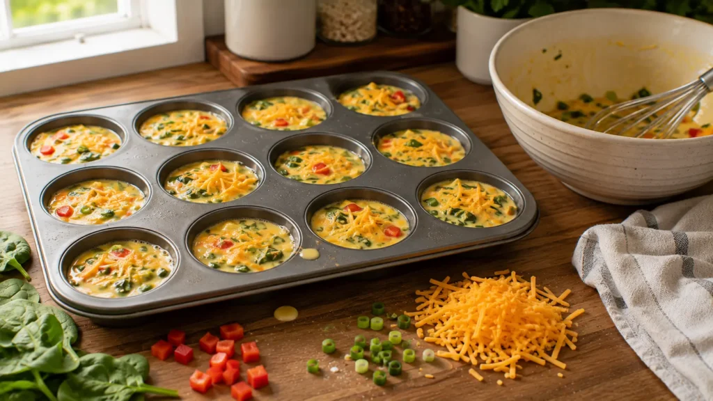 Egg muffin mixture with cheddar and vegetables divided into a muffin pan before baking.