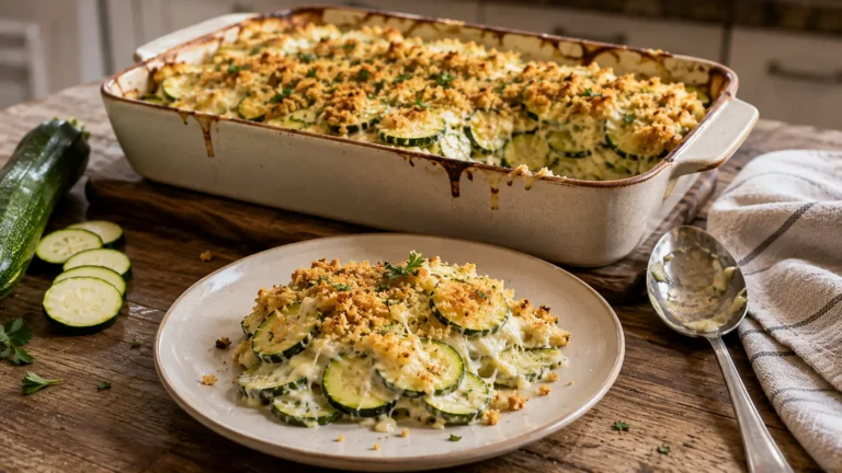 Cheesy garlic zucchini casserole with tender zucchini, melted mozzarella, Parmesan, and a golden breadcrumb topping.