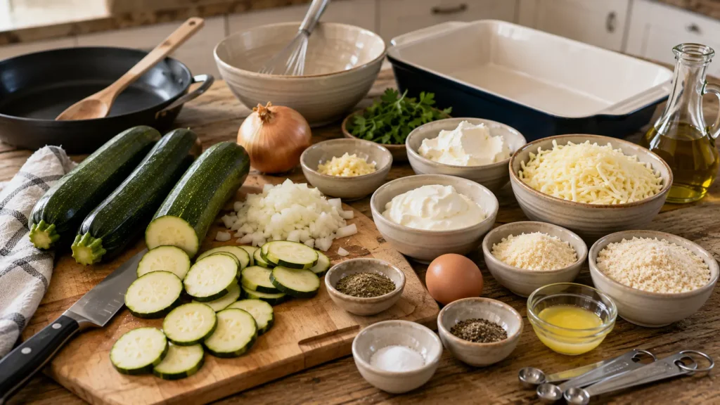 Fresh zucchini, garlic, onion, mozzarella, Parmesan, cream cheese, sour cream, egg, and breadcrumbs for cheesy zucchini casserole.