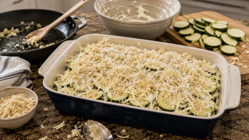 Unbaked cheesy garlic zucchini casserole layered with zucchini, creamy cheese, mozzarella, and raw Parmesan breadcrumbs before baking.
