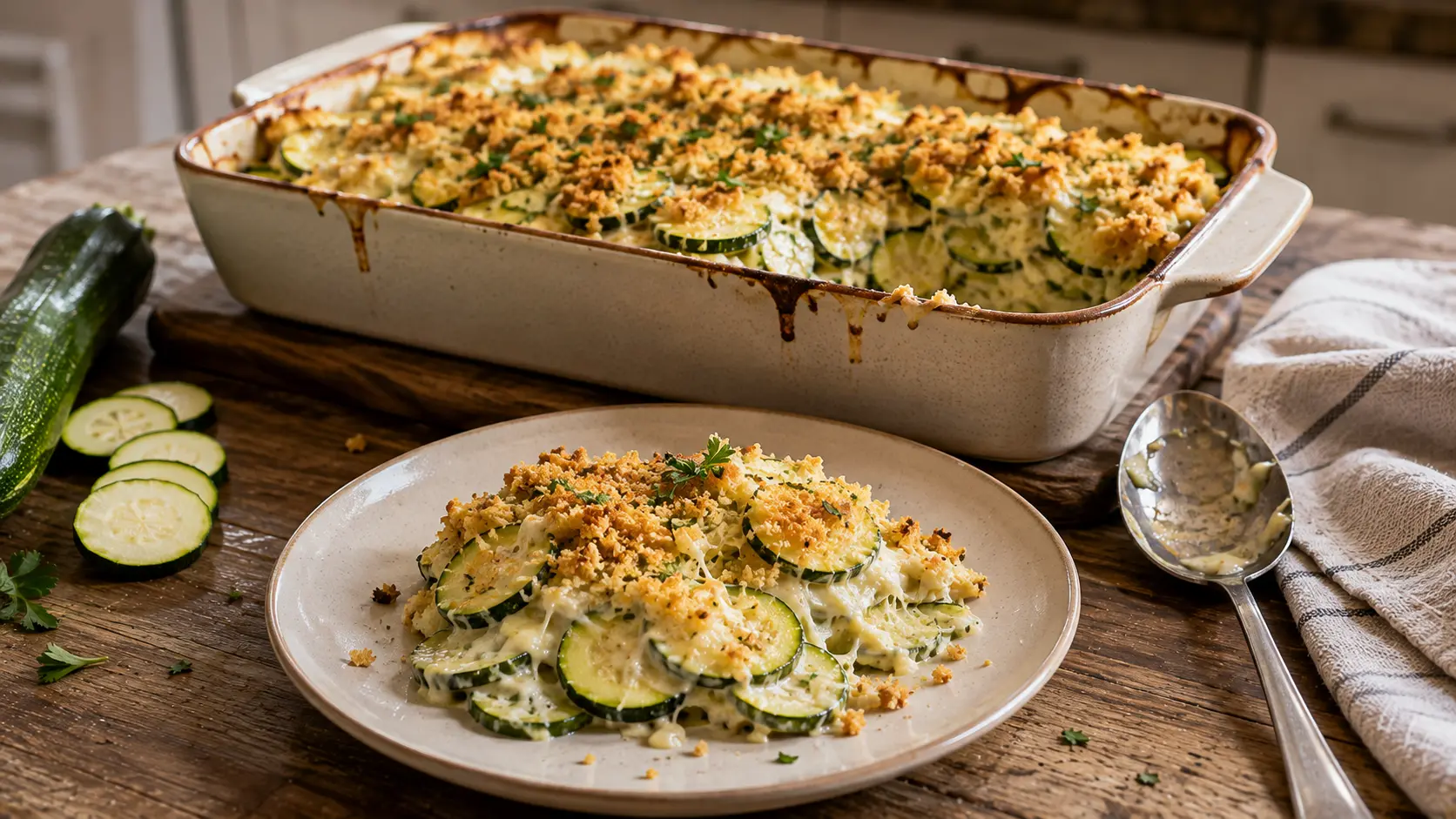 Cheesy garlic zucchini casserole with tender zucchini, melted mozzarella, Parmesan, and a golden breadcrumb topping.