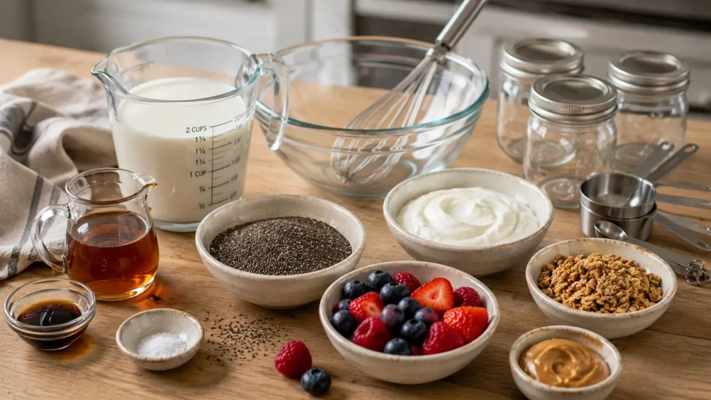 Chia seeds, milk, Greek yogurt, maple syrup, vanilla, berries, and granola for homemade chia pudding.
