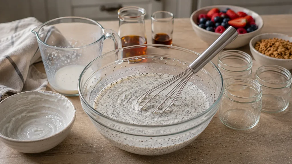 Chia seeds mixed with milk, Greek yogurt, maple syrup, and vanilla before chilling into pudding.