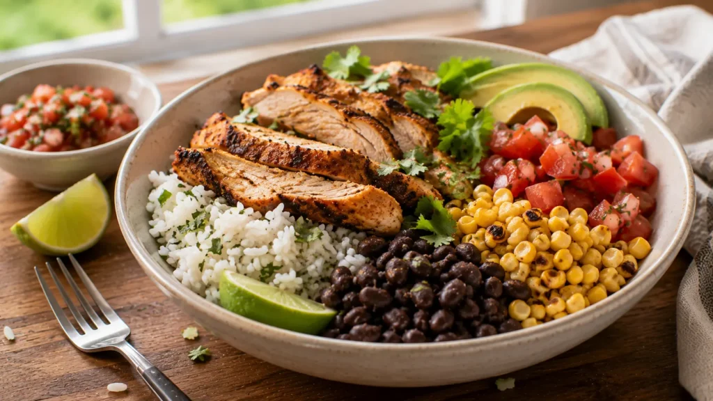 Chicken burrito bowl with seasoned chicken, rice, black beans, corn, tomatoes and avocado.