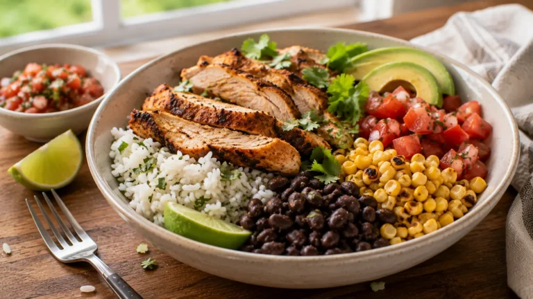 Chicken burrito bowl with seasoned chicken, rice, black beans, corn, tomatoes and avocado.