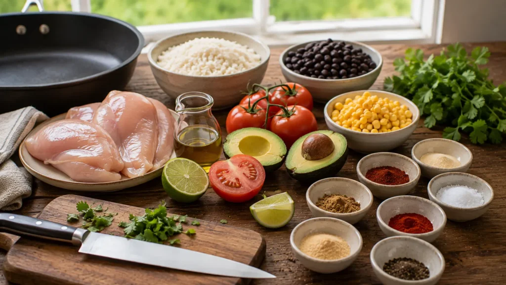 Ingredients for chicken burrito bowls including chicken, rice, black beans, corn, avocado, tomatoes and lime.