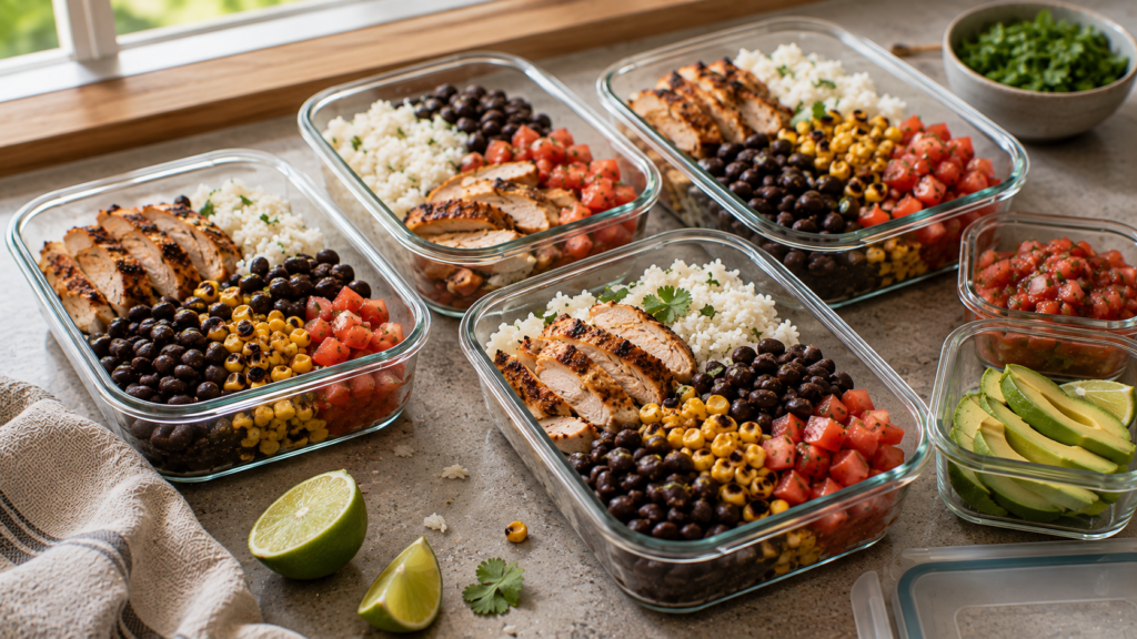 Chicken burrito bowls with chicken, rice, beans, corn and tomatoes portioned into meal prep containers.
