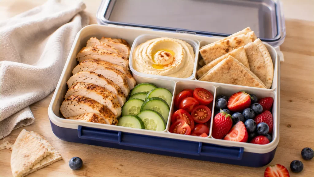 Chicken hummus lunch box with sliced chicken, hummus, pita, cucumber, tomatoes and fresh berries.