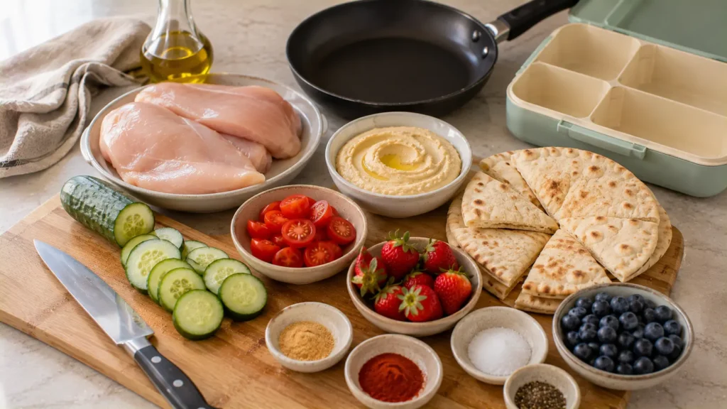 Ingredients for a chicken hummus lunch box including chicken breast, hummus, pita, cucumber, tomatoes and berries.