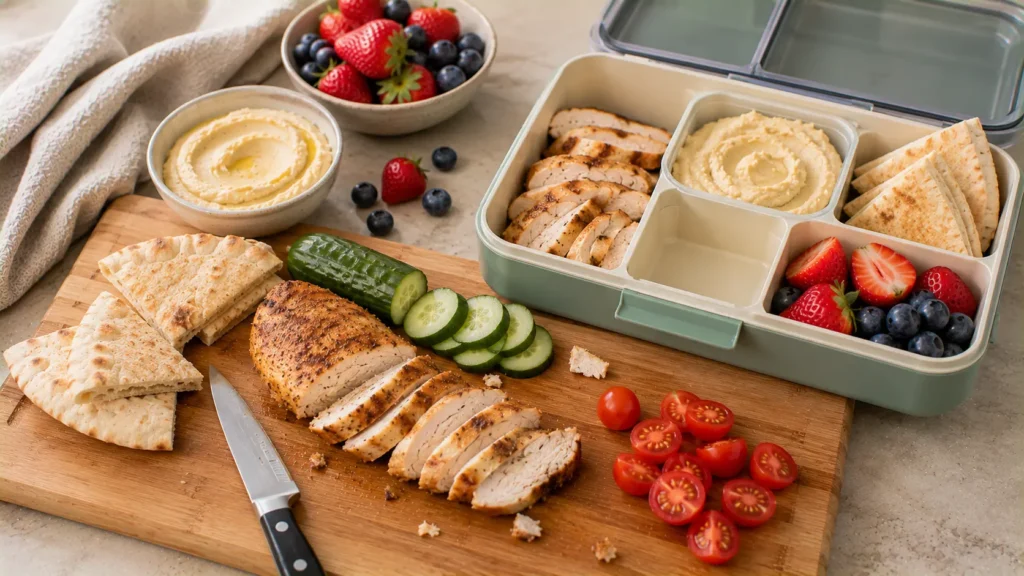 Cooked chicken, pita and vegetables being prepared for a healthy chicken hummus school lunch box.