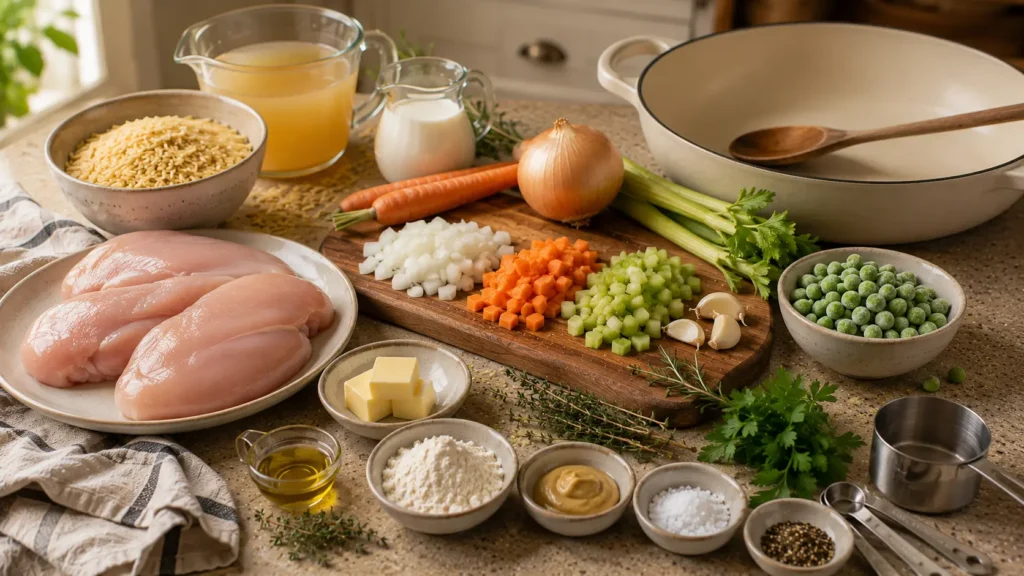 Chicken breast, orzo, carrots, celery, peas, onion, garlic, chicken broth, cream, butter, and herbs for Chicken Pot Pie Orzo.