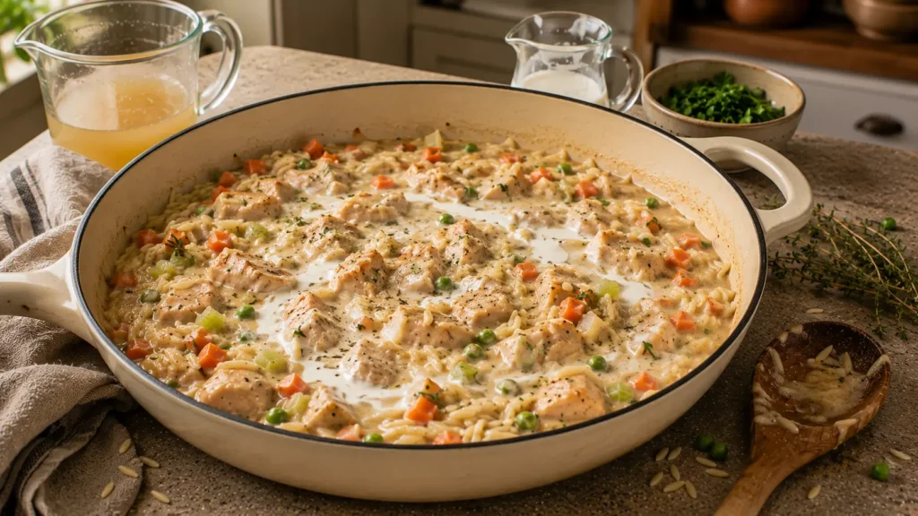 Chicken Pot Pie Orzo cooking in a skillet with chicken, carrots, celery, peas, and fresh cream being incorporated into the broth