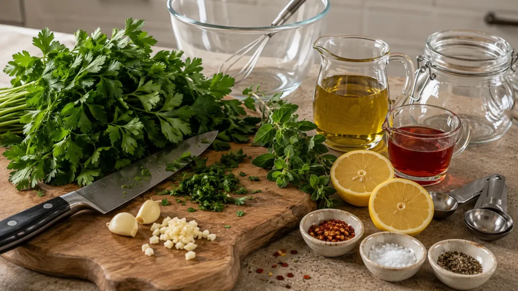 Fresh parsley, oregano, garlic, olive oil, red wine vinegar, lemon, and seasonings for homemade chimichurri sauce.
