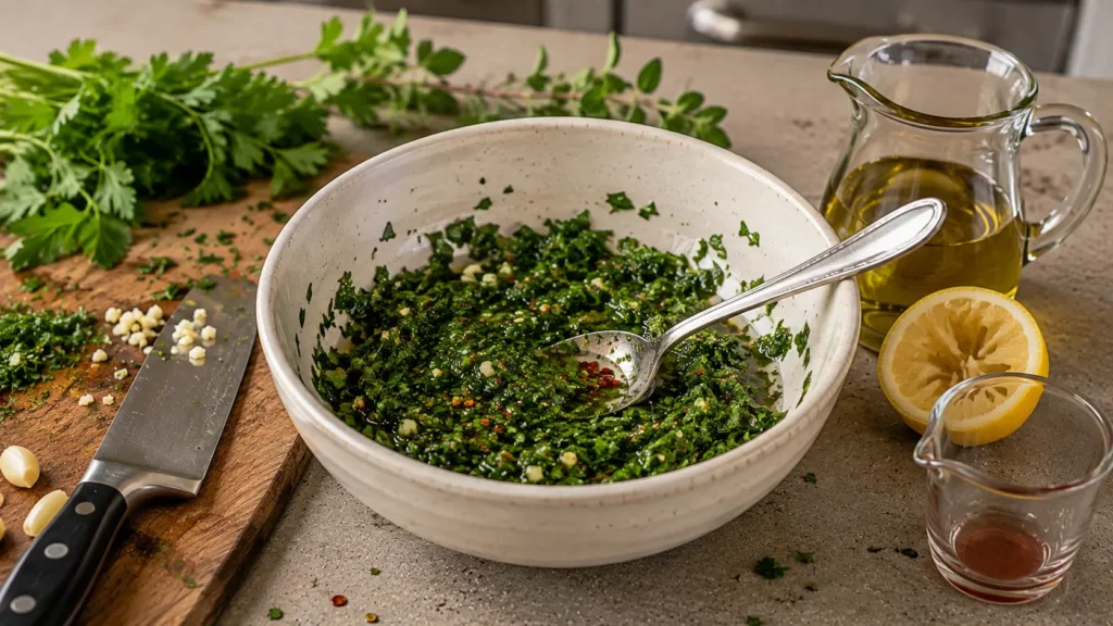 Chopped parsley, oregano, garlic, vinegar, and seasonings mixed in a bowl before adding olive oil to chimichurri.