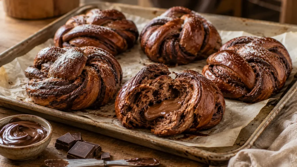 Freshly baked chocolate braided buns with creamy chocolate filling on a baking tray.