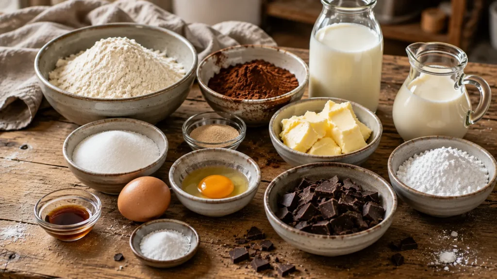 Ingredients for chocolate braided buns including flour, cocoa, butter, eggs, milk and chocolate.