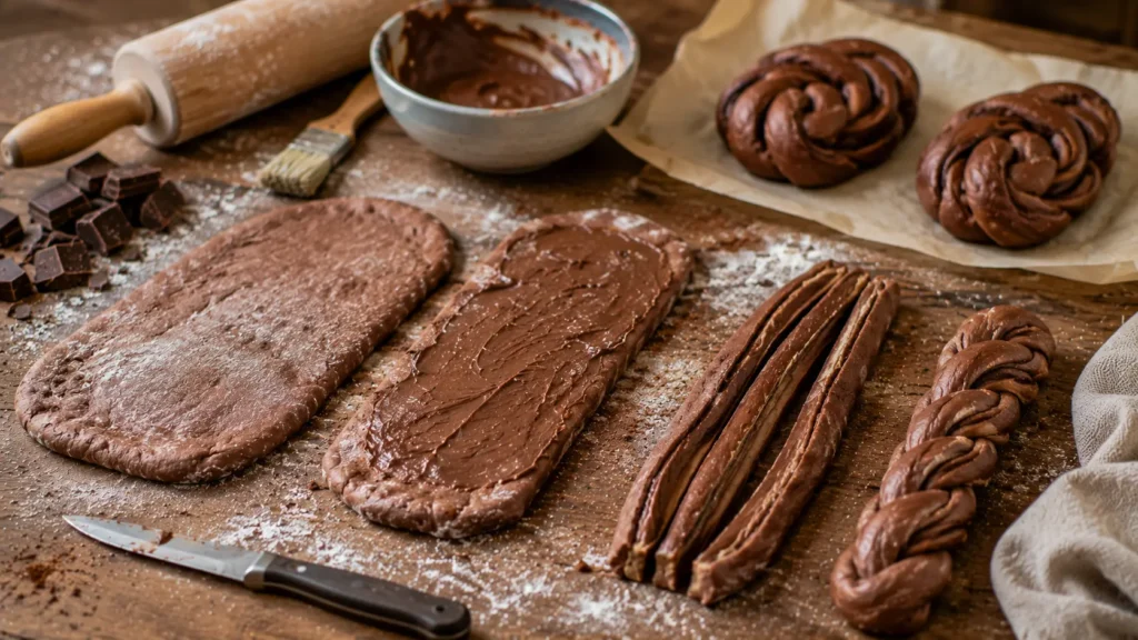 Chocolate dough being shaped into braided buns with creamy chocolate filling.