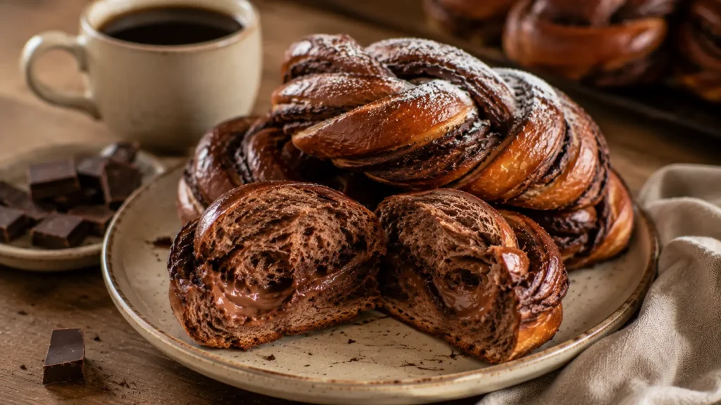 Soft chocolate braided buns with fluffy cocoa dough and creamy chocolate filling.