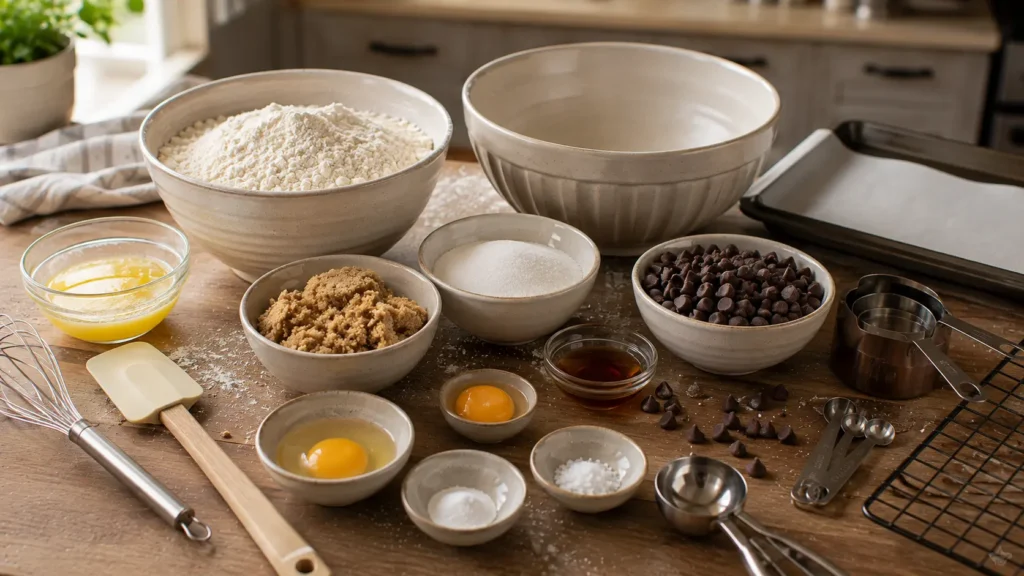 Flour, brown sugar, butter, eggs, vanilla, baking soda, salt, and chocolate chips for homemade chocolate chip cookies.