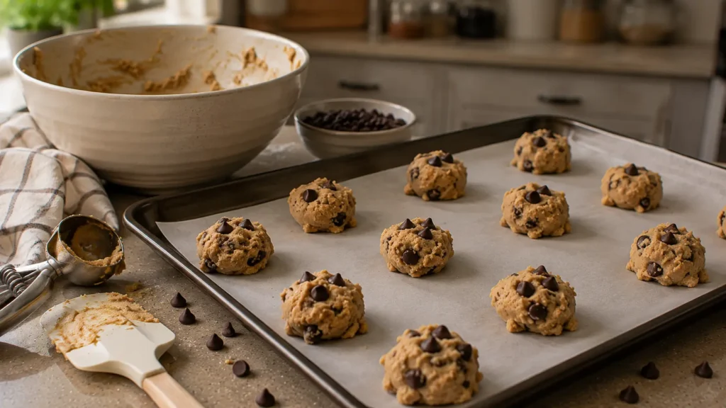 Chilled chocolate chip cookie dough portions on a parchment-lined baking sheet before baking.