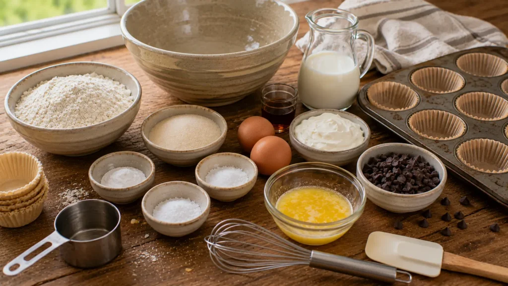 Ingredients for bakery-style chocolate chip muffins including flour, eggs, butter, sour cream and chocolate chips.