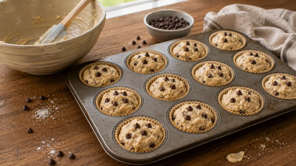 Thick chocolate chip muffin batter portioned into a muffin pan before baking.