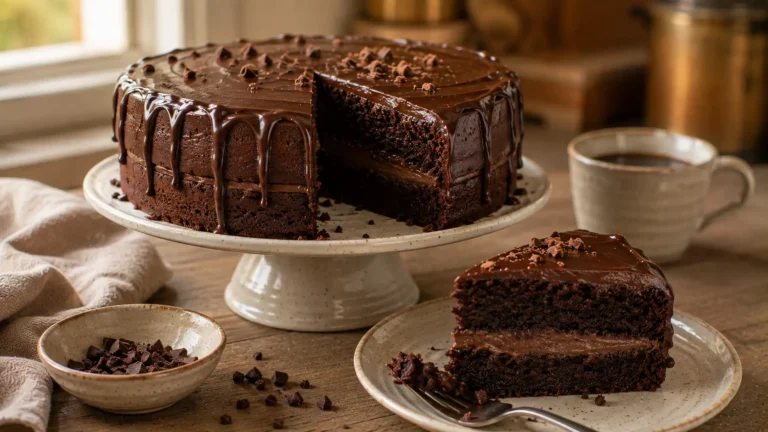 Chocolate ganache cake with moist chocolate layers and smooth dark chocolate ganache.