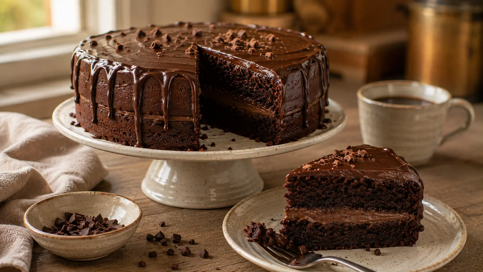 Chocolate ganache cake with moist chocolate layers and smooth dark chocolate ganache.