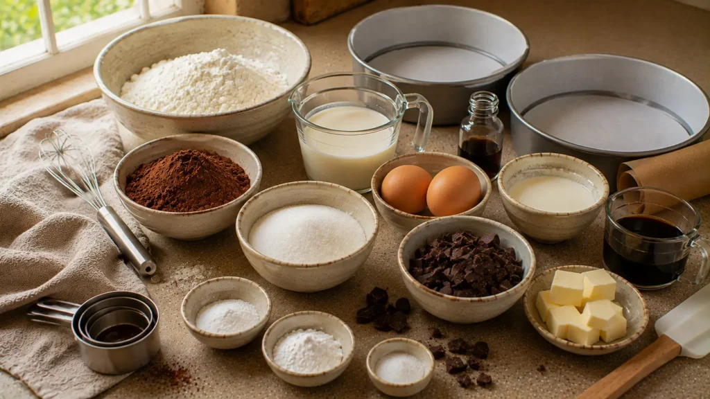 Ingredients for chocolate ganache cake including cocoa, flour, eggs, buttermilk, chocolate and heavy cream.