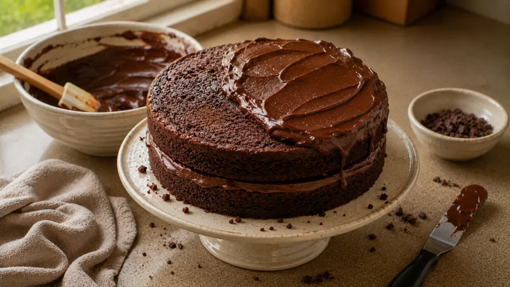 Chocolate layer cake being covered with homemade chocolate ganache on a cake stand.