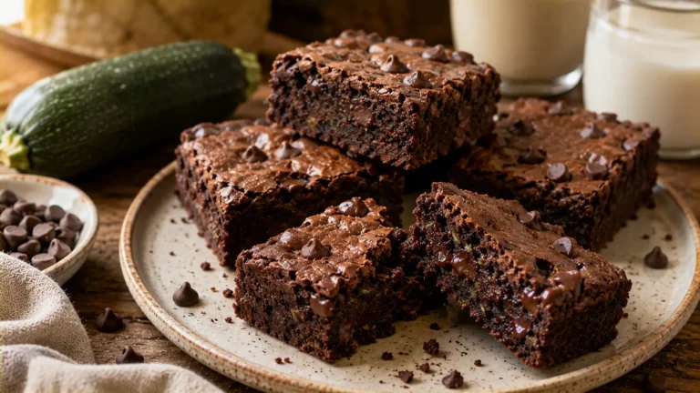 Fudgy chocolate zucchini brownies with chocolate chips and a rich moist center.