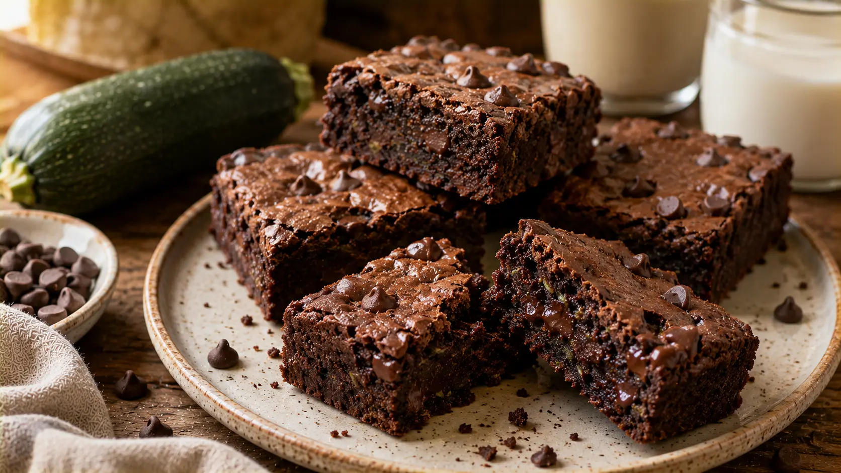 Fudgy chocolate zucchini brownies with chocolate chips and a rich moist center.