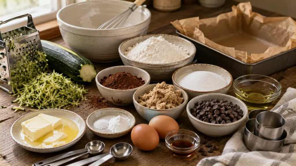 Ingredients for chocolate zucchini brownies including fresh zucchini, cocoa powder, flour, eggs, brown sugar and chocolate chips.
